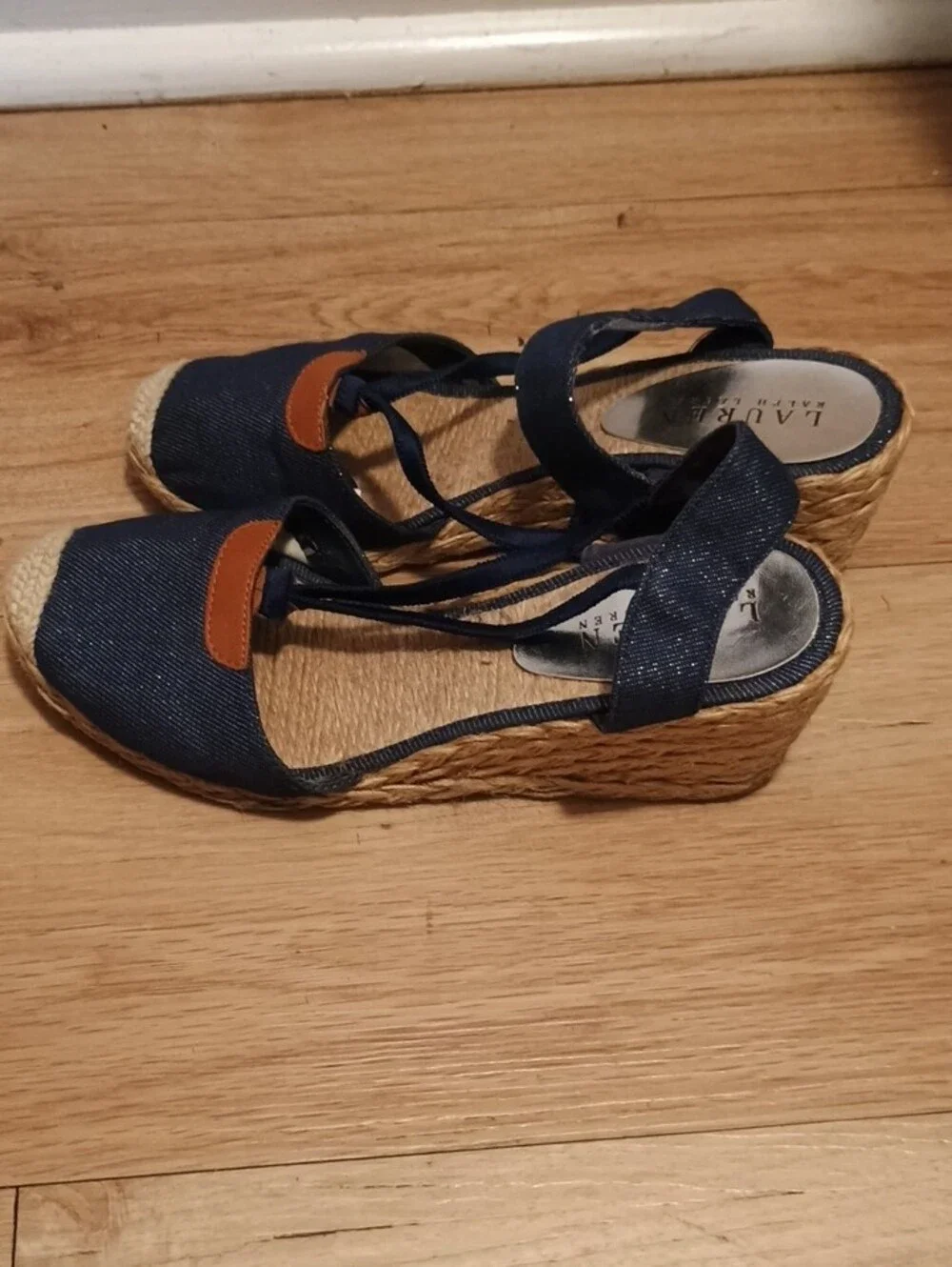 Lauren Ralph Lauren Navy Denim Espadrille Wedge Sandals with Tan Accent